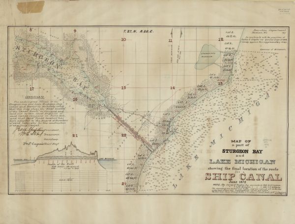 This map includes depth shown by soundings and isolines and relief shown by contours. Tree species and locations are labeled, as well as a cranberry meadow The map includes a certificate signed by officers of the Sturgeon Bay and Lake Michigan Ship Canal and Harbor Co. and a profile of the route.
