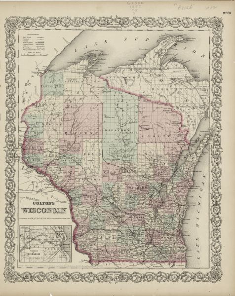 This maps shows the entire state with an inset map in the lower left corner of Milwaukee. Railroads, roads, canals, the state capital, towns, cities, townships, post offices, and counties are labeled. Lake Superior, Lake Michigan, and the Mississippi River are also labeled. The base of the map reads: "Entered according to Act of Congress in the Year 1855 by J.H. Colton & Co. in the Clerks Office of the Dist. Court of the U.S. for the Southn. Dist. of New York."