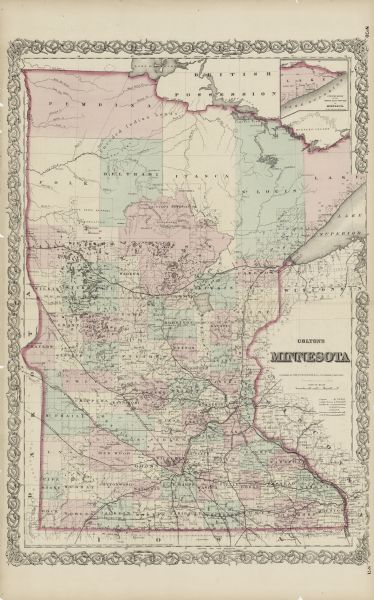 This map shows the entire state, county boundaries, railroads, cities and towns, Lake Superior, and the extent of surveyed townships with Public Land Survey coordinates. The base of the map reads: "Entered according to Act of Congress in the year 1867 by G.W. & C.B. Colton & Co. in the Clerks Office of the District Court of the United States for the Southern District of New York."