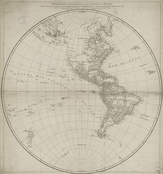 This map shows the western hemisphere. Much of the north-west coast of North America is left blank, but the rest of the map lists the names of rivers, cities, regions and montains. Unlike many of his contemporaries, d'Anville used decoration and annotation sparingly if at all as this map demonstrates. A note near the islands off the coast of Alaska and north-western Canada reads "discoveries made &#8203;&#8203;by the Russian for about 20 years."