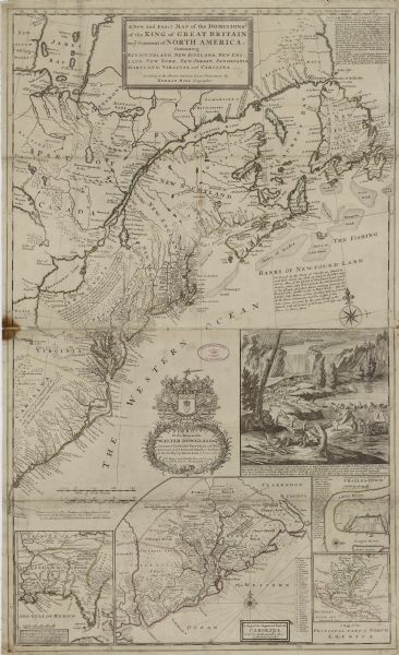 One of Herman Moll's most famous maps, often referred to as The Beaver Map for its elaborate engraved inset depicting and describing beavers building a dam. This map shows the British territories in North America and includes four inset maps: "The Gulf of Mexico"; "A Map of the Improved Part of Carolina"; "A Draught of Ye Town and Harbour of Charles-Town"; "a Map of the Principal Part of North America." There are numerous blocks of texts describing various features and intellectual interests such as the Iroquois Nation, and the postal routs of the colonies, and the recent restrictions placed on French fishing off the coast of Newfoundland. Of some interest, Moll, despite his well documented anti-French and pro-British bias, chose to label Lake Ontario as "Frontignac Lake," a name used by some French cartographers.