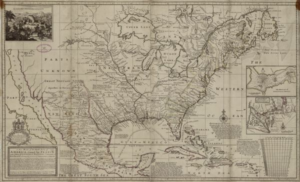This map of North America shows cities, rivers, lakes, and a few topographical features, complete with numerous descriptive blocks of text about expeditions, Native Americans, and the condition of the land throughout. There are two inset maps: "The Harbour of Annapolis Royal," and "A Map of ye Mouth of Mississippi and Mobile Rivers, &c." In the top left corner Moll included a detailed engraving of the Indian fort Sasquesahanok, which, according to a map by Guillaume De L'Isle that Moll references in his own cartouche, marked the division between French and British territories. The boundaries between French, Spanish, and English claims are clearly marked, French as blue, English as yellow, and Spanish as red as explained in the Advertisement to the right of Florida. Both in this advertisement and in the title cartouche, Moll particularly emphasizes the encroachment of French claims on the English, and cautions that the French were claiming lands inhabited by the Cherokees and Iroquois, "ye most powerfull of all ye neighbouring Indian Nations, the old friends and allies of the English, who ever esteemed them to be the bulwark and security of all their plantations in North America." One particularly interesting feature of this map is the inclusion of a scale of English miles for longitude, with an explanation of how to use it in order to easily determine the distance between places.