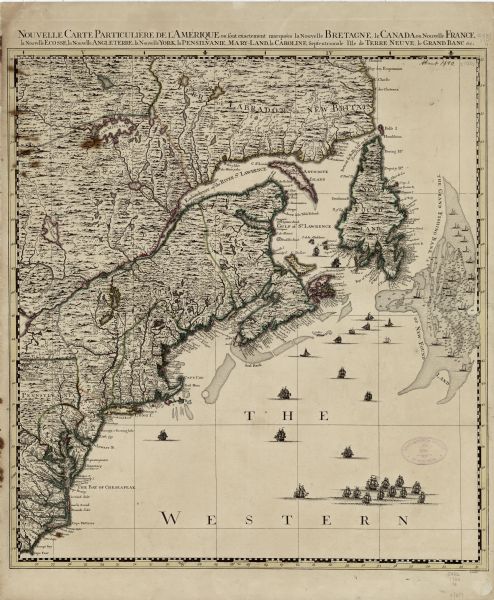 Map of the northeast corner of America and Canada with hand-colored boundaries. The map shows colonies, Native American nations, fishing areas, and detailed topographical and geographical features. Depths for the banks are sown by soundings. Numerous illustrations of various types of ships dot the ocean and the "Great Fishing Bank of New-Foundland." A hand written note in the top right corner reads "about 1690," an inaccurate date.