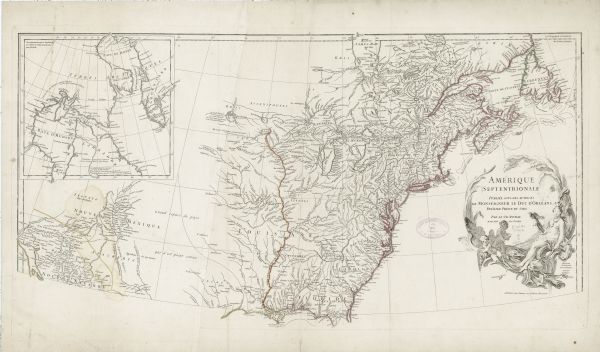 Map of North America from the southern portion of James Bay to Florida. It shows the colonies, cities, Native American land, and topological and geographical features. The boundaries of the Treaty of 1763 between France and England are hand-colored. It includes an inset map showing Hudson and Baffin Bay. Unlike most of d'Anville's maps, which are typically void of decoration, this map features an ornate cartouche, designed by his brother, Hubert Francois Bourguignon d'Anville. Hubert d'Anville signed his work as Sr. Gravelot to the right and below the cartouche. The image is of a nude woman holding a bow and quiver of arrows. Two children hold a net and a fish. Between the woman and children a beaver and an alligator appear to snarl at each other. 