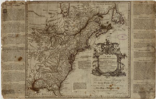 This map shows the cities, plantations, lakes, rivers, mountains, Native American territories and colonial borders of the Eastern half of North America, placing particular emphasis on how far west the British colonies extend. The cartouche is elaborately decorated, and the map includes notes on the Six Indian Nations, and "unjust and false" claims of French mapmakers. Along the edge of the map, Overton placed notes on each of the colonies and Newfoundland, which gives various information on each, including soil, crops, imports and exports, history, how the land was acquired from or purchased from the Native Americans, and (especially in the paragraph on Virginia) the "depredations" of the French.