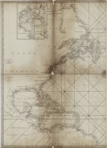 One half of a four sheet nautical chart, showing the coastlines of the north-west hemisphere. The interior lands are left bare, even of basic features such as the Great Lakes, but coastal cities and rivers, islands, and some nautical features (such as the Great Bank of Newfoundland) are all labeled. The coast of the Gulf of Mexico and North America also include depth measurements. An inset map of the Hudson Bay sits in the top left. Small manuscript annotations in red correct or label place names. 