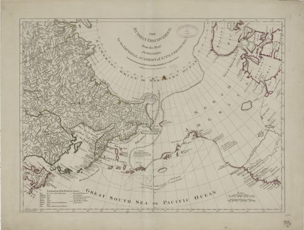 This map shows the northern Pacific Ocean along with north eastern Asia and western North America. The interior of Asia contains detailed engravings of place names and topographical features, including mountains and trees. Below Japan sits a chart explaining Russian names. The interior of North America remains largely bare, save for several notes describing the discoveries and voyages of various explorers. The starting point of the fictional Admiral Bartholomew De Fonte is marked, though Jefferys includes a note reading "Rio de los Ryes, according to the pretended Journal of admiral de Fonte in 1640, according to Mr. de L'Isle." The explorations of Captain Bering and Captain Tschirikow are given particular prominence, as Jefferys marks their routs through the Pacific Ocean and the seas separating Russia from Alaska.