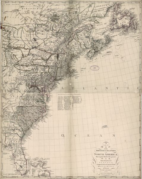 This detailed map of the American colonies shows cities, villages, roads, mountains, lakes, rivers, swamps, counties, state boundaries, and Native American territories. The boundaries between the states and territories are hand-colored, and the map includes a table: "References to the Names of the Counties not Inserted in this Map." The land of the Iroquois confederacy is prominently labeled "Country of the Six Nations" as well as each individual nation's territory. 