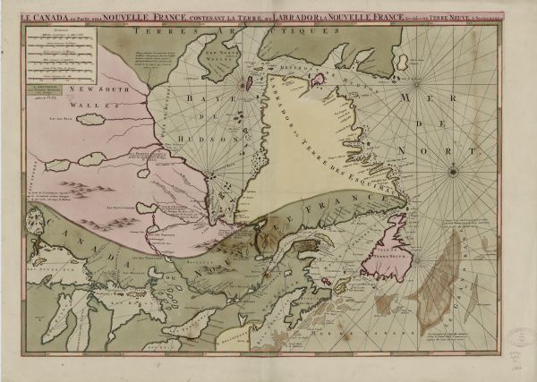 This sea chart and topographical map depicts the north east coast of Canada and North America, focusing on the Hudson Bay and Great Lakes regions. It shows nautical features, rhumb lines from two compass roses and four other different points, mountains, lakes, rivers, and a few forts and owns. Mortier includes a few blocks of descriptive text throughout the map, and several scales in the upper left corner. The various regions are hand-painted, making this a particularly colorful version of Mortier's map. The engravings of the mountainous regions are intricate, especially since they are mostly unlabeled. 