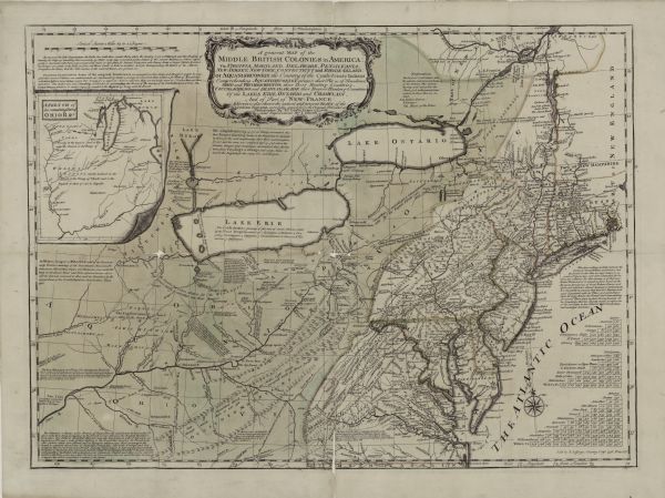 This detailed map of north eastern America shows the boundaries, cities, mountains, rivers, lakes, Native American land and towns, and roads from east of the Mississippi River and north of North Carolina. It includes an inset map "A Sketch of the remaining Part of Ohio R. &c." and three distance charts.  Text throughout the map describe Native American claims, both what they have given to the British and what they maintain, historical and contemporary events, and the state of the rivers, soil, and mountains. Much of this text serves to emphasis Gibson's assessment that the Ohio lands are of great importance and worth defending from French encroachment. Native American lands and settlements, especially the Iroquois Confederacy, are given significant prominence, and Gibson takes great pains to indicate whether the specified tribes side with the French or the English.