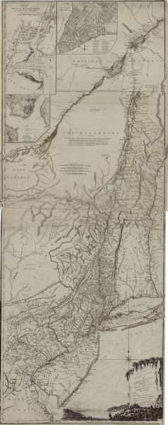 Map of New Jersey and New York, showing cities, forts, roads, counties, townships, land grants, rivers, lakes and several topographical features. Much of the western portions of New York and northern Pennsylvania are left bare of any indication of human settlement; these regions are instead given general labels such as "The Great Swamp," "Endless Mountains," and "Coughsaghrage, or the Beaver Hunting Country of the Confederate Indians." This last region includes a block of text describing the surrender of the country to the English and the general topography of the land. Other notations on the country are scattered throughout the map. Three insets sit in the upper left corner: "A Chart of the  Mouth of Hudsons River from Sandy Hook to New York," "A Plan of Amboy, With its Environs" and "A Plan of the City of New York." The cartouche in the lower right corner is ornately illustrated, showing a scene of a river (possibly the Hudson Palisades) with trees, hills, and sailing ships.