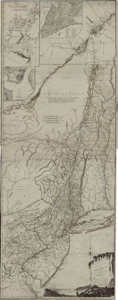 Map of New Jersey and New York, showing cities, forts, roads, counties, townships, land grants, rivers, lakes and several topographical features. Much of the western portions of New York and northern Pennsylvania are left bare of any indication of human settlement; these regions are instead given general labels such as "The Great Swamp," "Endless Mountains," and "Coughsaghrage, or the Beaver Hunting Country of the Confederate Indians." This last region includes a block of text describing the surrender of the country to the English and the general topography of the land. Other notations on the country are scattered throughout the map. Three insets sit in the upper left corner: "A Chart of the  Mouth of Hudsons River from Sandy Hook to New York," "A Plan of Amboy, With its Environs" and "A Plan of the City of New York." The cartouche in the lower right corner is ornately illustrated, showing a scene of a river (possibly the Hudson Palisades) with trees, hills, and sailing ships. 