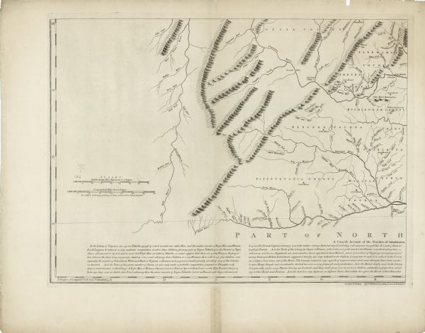 The south west sheet of a four sheet map of Virginia, showing the counties, mountains, rivers, court houses, a few cities, and mills.  A few Plantations are also included in the eastern portion of the map, but all the land west of the Alleghenies Mountains is left bare save for the names of rivers. At the bottom sits a length of text, half cut off, entitled "A Concise Account of the Number of Inhabitants, the Trade, Soil, and Produce of Virginia." The portion of the text visible on this sheet describes the probable number of inhabitants, including white men, women, children, and slaves, and the average monetary value of a slave. It then describes the principal crops of Virginia before the text is cut off.