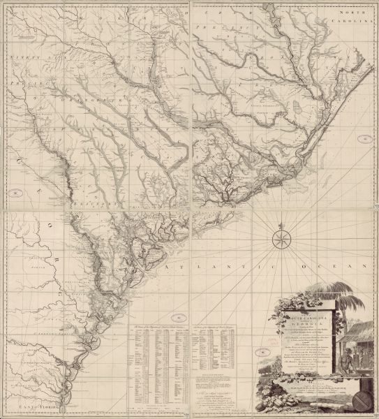 This map shows the townships, parishes, cities, towns, plantations, lakes, rivers, swamps, and roads near the coast of South Carolina and Georgia. Emphasis is placed on the rivers and coastlines, and the depths are measured in soundings. Two charts at the bottom of the map list the names of landowners and their locations. The cartouche consists of an ornately illustrated plantation scene of slaves working near a thatched hut under palm trees and grape vines.