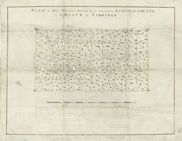 Map showing fifty thousand acres of land in what will later become Kentucky, broken up into parcels labeled 1 through 50. No features are labeled, but the map is decorated with illustrations of trees and rivers in water color and ink. The text at the bottom reads "Surveyed for Philip & James Moore, & John Donaldson 50000 acres of land on twelve Treasury warrants no. 16237, 16191, 16239, 16[??]9, 20001, 16488, 16238, 16135, 16240, 16235, 15800 & 15737. Entered 5th June, 1784. Beginning one mile from the mouth of Sextons Creek the waters of Kentucke River in the county aforesaid at A at which Beginning there are three poplars & two sugar trees & running thence S 20 E. & 3 S 40 Poles to B., crossing the creek at 20 poles and one at 900 poles to a white oak and two beaches thence S 70 W. 20 S 3 poles to three white oaks at C thence N 20 W. 3 S 40 Poles to two poplars & a white oat at D. and thence N 70 E. 20 S 3 poles to the beginning." 