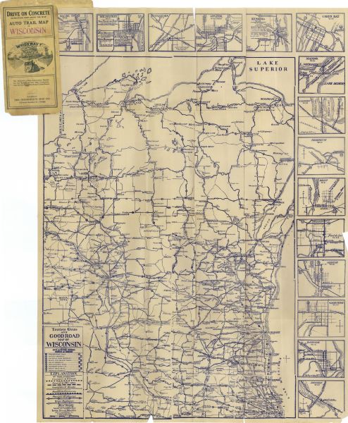 The map shows the entire state with cities, rivers, and lakes labeled. The upper and right margin include inset maps of Racine, Milwaukee, Waukesha, Appleton, Kenosha, Green Bay, Madison, Oconomowoc, Marinette, Beloit, Fond du Lac, Oshkosh, Watertown, Sheboygan, and Janesville. The lower left corner includes a key of state and national highways and an explanation of roads: concrete and cement, gravel and macadam, unimproved roads, and roads under construction. The cover of the map is visible in the upper left corner and reads: "Drive on Concrete Inter-State Maps Show the Way Auto Trail Map of Wisconsin". The cover include a drawing of an automobile at a fork in the road and poses the question, "Which Way?".