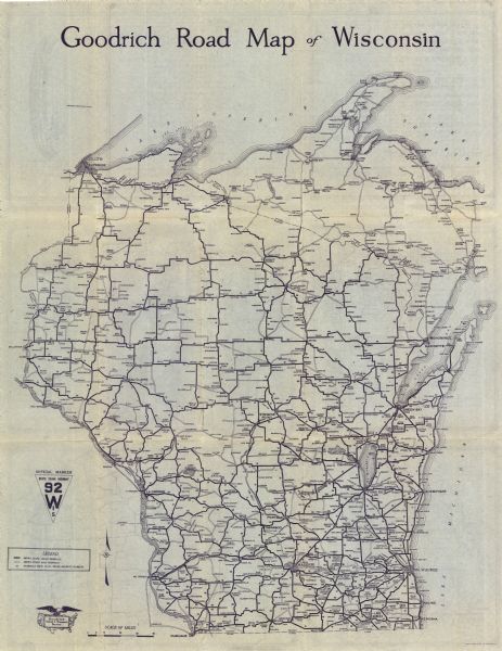 This map of the entire state shows state and other highways, cities, some lake, the Mississippi River, Lake Michigan, and Lake Superior. The bottom left corner includes a legend.  The back of the map includes an inset map of Milwaukee, Madison, and Duluth, Minnesota, as well as tourist information and advertisements for Goodrich services. 