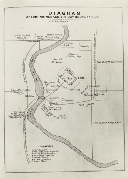This map, in addition to the Fort ground and buildings, shows owners of outbuildings, heights of buildings in stories, fences, roads, gardens, and cemetery. The lower left corner includes a numbered explanation. The Fox River is labeled. 