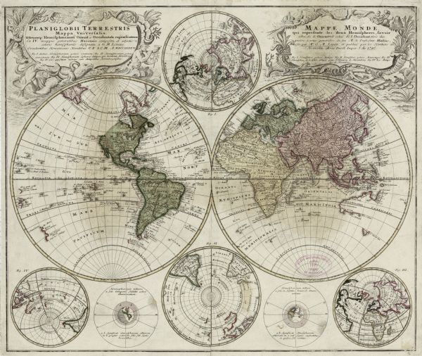 This world map from the German mathematician, historian, and geographer Johann Matthias Hase shows the major cities, islands, and the major political divisions between the two hemispheres. Hase includes six auxiliary maps, four of which show the globe from different perspectives (such as the north and south pole) and two which show the tilt of the earth during the summer and winter solstice.  In the right and left corners sit two title cartouches, the left in Latin and the right in French. The Latin cartouche is decorated with illustrations of mythical sea creatures (such as a hippocamp), coral, a man holding some coral while blowing a horn, and personifications of the winds. More realistic and land based animals surround the French cartouche, such as a deer, dog and parrot. Four crowns, probably representing the four corners of the world, sit on platforms around this cartouche as well. 