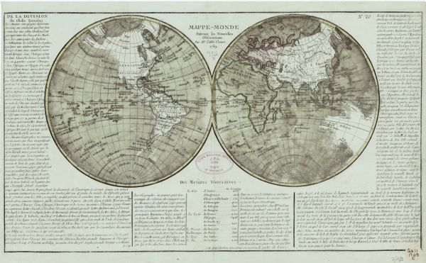 Double hemispherical map showing the continents, islands, countries, and a few major cities of the world. The routes of a few explorers are depicted and labeled, such as "Route de L'Aigle et de la Marie en 1739" in the Atlantic and "Route de Tchirikow et de L'Isle en 1741" in the Pacific. Descriptive text surrounds the map, entitled "De La Division du Gobe Terrestre." The oceans and islands are painted in black, but the land (with the exception of Europe and Africa) is left unpainted. 