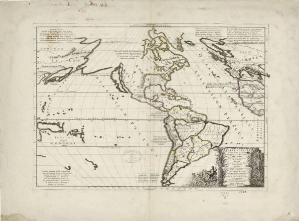 A mysterious mixture of mythology, ancient geography, and late 17th century knowledge of the American coastline. This map shows North and South America, but here described as the mythical Island of Atlantis. The coastlines are fairly accurate, and the continents are drawn to mimic the curve of the earth, rather than laid flat. Sanson marks few place names beyond Mexico City and Cuzco (shown pictorially) but subdivides the Americas into ten regions named after the sons of Neptune. The Great Lakes are shown, though half of Lake Superior and Lake Michigan are left incomplete. California is shown as an Island. Blocks of descriptive texts explain the land and regions.  Illustrations of Neptune riding a sea shell chariot with his sons adorns the title cartouche.