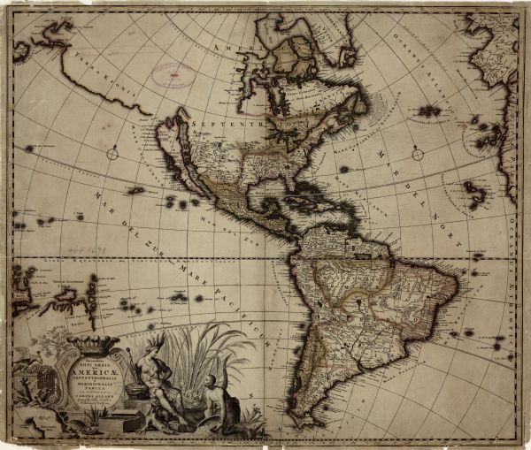 A detailed map of the western hemisphere showing cities, settlements, Native American land, rivers, lakes, mountains, the Great Lakes, and California as an Island. Hand-painted borders divide the regions of the Americas. A large land mass, entitled "Terra Esonis" extends from Russia nearly to California. The western edges of the Great Lakes are left undefined, and Button's Bay is left open to what was hoped to lead to the North West passage. A portion of Australia is shown, and a small inset map of New Zealand is set into the lower left corner of the elaborately illustrated title cartouche. An illustration of an Amazonian queen sits next to the cartouche, as a man kneels before her pouring out grain. They are surrounded by gold, fruits, a sugar cane field, a lizard, armadillo, and a bird. Of some interest, while the colony of Virginia is marked and bordered, Jamestown does not appear on this map. A city where Jamestown should appear is instead labeled as Powhatan.