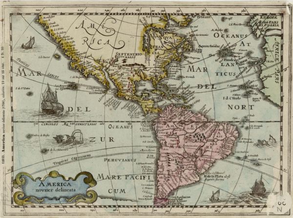 Map of the western hemisphere showing settelments, coastal features, islands, rivers, lakes, and pictoral representations of forests and mountains. The Great Lakes are not shown, but the northeastern coast of North America is (unusally for this time) entirely depicted. The Oceans are hand-painted, with engraved illustrations of large and small ships, and various sea monsters