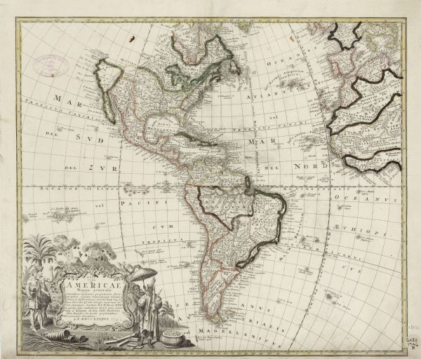 Detailed map of the western hemisphere and part of Africa and Europe. Islands, cities, settlements, rivers, lakes, countries, and regions are marked. Mountains appear pictorially, and hand-painted borders divide the various countries, territories, and regions. A few annotations appear throughout the map, particularly notes explaining who discovered certain features. Of particular interest, a note just above California marks a wide water access point into the interior of North America. This was, according to this map, discovered by Martin d'Aguilar, and is one of the many points cartographers and explorers hoped would lead to the North West Passage. The title cartouche features two erupting volcanoes, birds, palm trees, a pot of gold, and two groups of Native Americans. The group on the left hold bows and a shrunken head, while on the left a young man holds an umbrella over a robed man holding a spear.