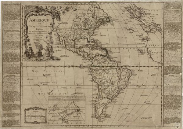 Map of North and South America showing regions, colonies, cities and settlements, rivers, lakes, and Native American land. Near the bottom left an inset map depicts the north west portion of America and highlights the fabled North West Passage. This inset is based mostly on discoveries made by the (fictional) Admiral de Fonte, but discoveries by other explorers also appear. An elaborate border surrounds the title cartouche, depicting the sun, large flowers, a turtle, and two Native Americans dressed in feathers around a fire and smoking from a pipe. The map itself is bordered on the right and left side by text describing the various regions, territories, and colonies of the Americas.