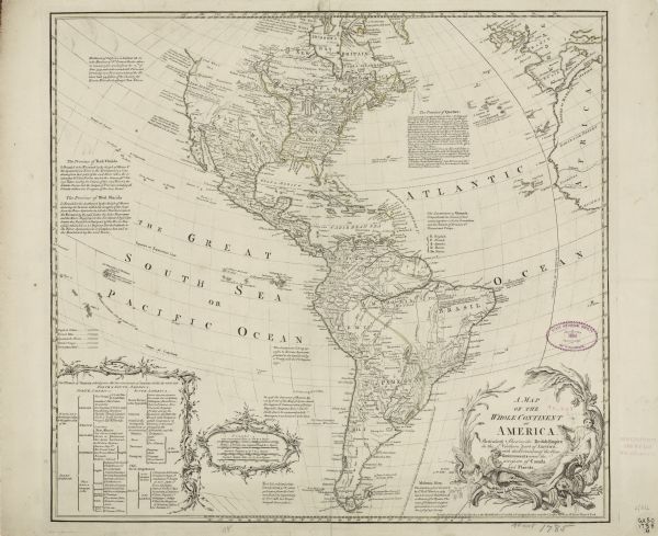 Map of North and South America, showing the boundaries of colonial territories, cities, settlements, rivers, lakes, and Native American land. Particular emphasis is given to the eastern half of North America, which is entirely marked as British territory. Numerous annotations and descriptive blocks of text appear throughout the map, adding interesting notes on the land, natives, discoveries, and the history of colonial claims. A small note next to California seeks to explain why many cartographers depicted it as an island ("being cover'd in the Spring Tides"). A table in the bottom left further divides the lands of North and South America into its colonial possessors. The title cartouche features cherubs wrestling with a net and fish, an alligator or crocodile, a beaver, and a nude Amazon queen holding a bow and a quiver of arrows.