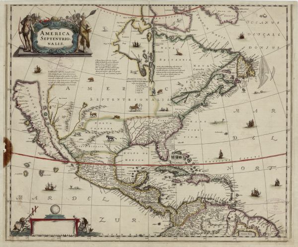 Map of North America, divided into regions, and showing some rivers, lakes, settlements, cities, mountains, and Native American land. Of the Great Lakes only Lake Ontario (here called Lac des Iroquois) is depicted. Illustrations of various animals, such as pigs, deer, horses, bears, and dogs dot the interior, while ships and sea monsters appear throughout the oceans. A few descriptive blocks of text sit in otherwise blank areas of Canada. Hondius shows California as an island, and this map particularly influenced the geographical myth of the Island of California. A blank cartouche sits in the bottom left adorned by mermaids. This lack of inscription marks this as the first state of this map. The title cartouche is hand-painted, and Native American men and women are holding bows and spears.