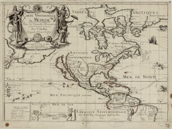 Map of North America showing some colonies, cities, rivers, lakes, and Native American land. Ship routes spread across both oceans, including one decorated with an illustrated ship that was hoped to lead to China and Japan through the Hudson Bay. DuVal shows a land mass between Russia and California labeled 'Terre de Jesso.' A small title cartouche on the bottom is held up by two Native American men, one holding an arrow, the other holding a shield. Four men and women, representing the four corners of the world, hold up the large title cartouche in the upper left corner.