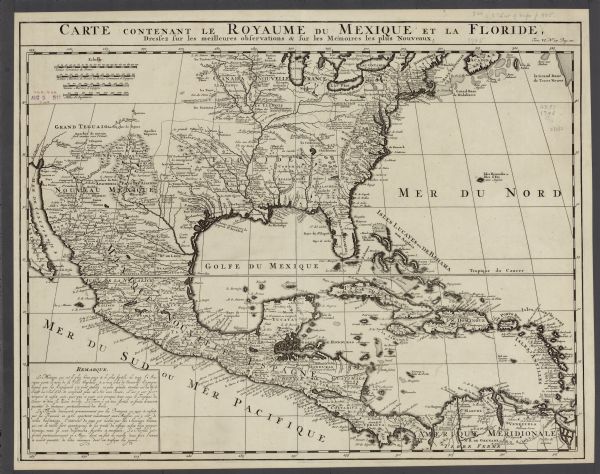 Map of North America showing political boundaries, areas of Indian habitation, cities, towns, ports, rivers, mines, and other notable for North America from the Great Lakes and New England in the north to the Sea of California, all of New Spain, the West Indies, and the northwest coast of South America. Mountains and some settlements appear pictorially. A block of text, "Remarque," sits in the bottom, and contains notes on Mexico and Florida. All of the Great Lakes except Lake Superior are shown and labeled, though "Lake Illinois" replaces Lake Michigan, and "Lake Michigane" replaces Lake Huron.  