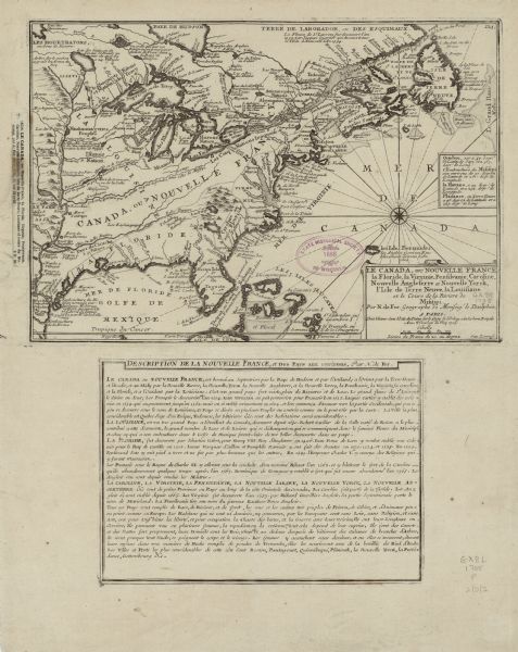 Map of America east of the Mississippi River showing boundaries, rivers, portages, forts, cities, villages, and Native American land. Annotations on early explorations, forts, rivers, and Indian tribes appear throughout the work. The Mississippi extends due north from Texas up to "Lac des Sioux" far north of Lake Superior. The placement of the boundaries of European claims clearly demonstrate de Fer's political affiliation, as the French territory extends much further south forcing the British colonies to hug the coast. A large block of text sits below the map and describes the various territories.