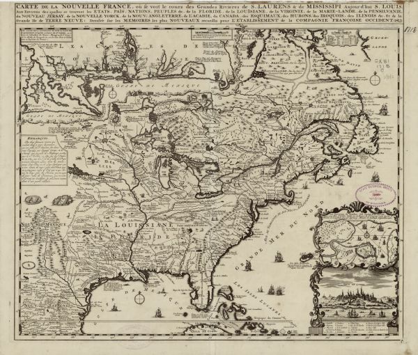 This extremely detailed and ornate map shows the cities, Native American land, mountains, lakes, rivers, and European claims of North America. An inset map, separated by a floral border, rests at the top of the map, showing a closer view of the Mississippi as it drains into the Golf of Mexico. Numerous illustrations of trees, Native Americans, towns, fortifications, animals, and ships appear throughout the map, as do notes on various settlements, tribes, and geographical features. Two insets sit at the bottom right, the top one showing a small map of Quebec city and the bottom an illustrative view of Quebec and the St. Lawrence River.