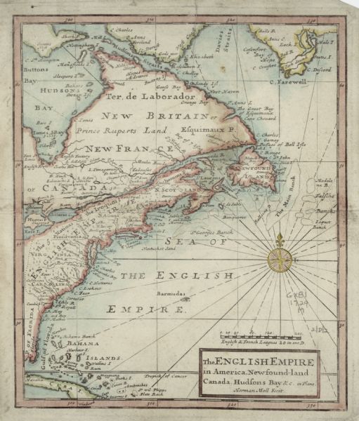 This small and hand-painted map focuses on the English claims in North America along the east coast from Cuba up to the southern tip of Greenland. It shows rivers, lakes, cities, forts, islands, and the territory of the five nations of the Iroquois. An elegant compass rose sits in the middle of the Ocean, with rhumb lines extending from it. Typical of Moll, he labels the Atlantic Ocean as "Sea of the English Empire."