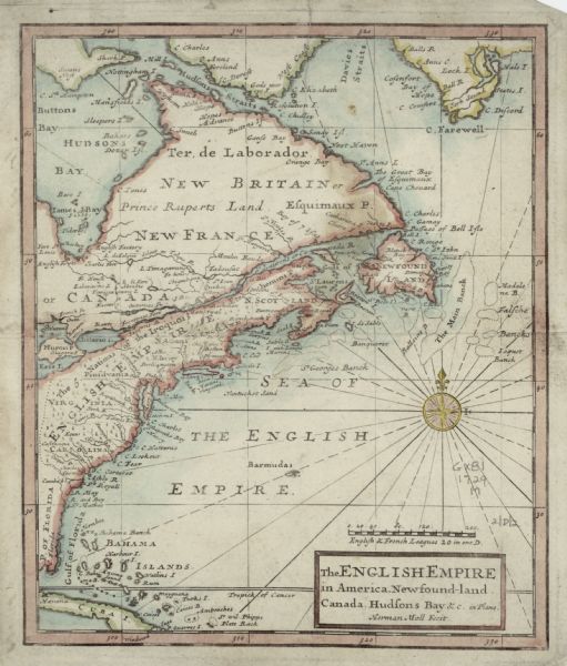 This small and hand-painted map focuses on the English claims in North America along the east coast from Cuba up to the southern tip of Greenland. It shows rivers, lakes, cities, forts, islands, and the territory of the five nations of the Iroquois. An elegant compass rose sits in the middle of the Ocean, with rhumb lines extending from it. Typical of Moll, he labels the Atlantic Ocean as "Sea of the English Empire." 