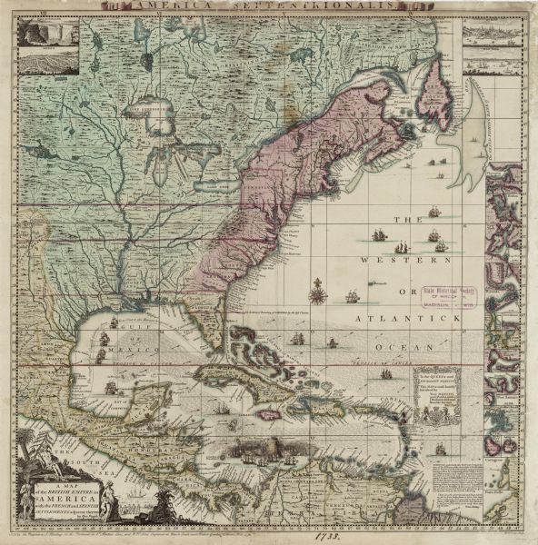 This map of North America shows settlements, rivers, lakes, Native American land, trade winds, and numerous topographical features such as forests and mountains. Popple depicts the claims of the English, French and Spanish, though the desire to expand English territory is clear in this copy, as the boarders of Virginia and the Carolinas are extended far to the west, and a note near the middle of Florida reads "The southward boundary of Carolina by the last charter." Another note, far outside the official boundaries of the colonies, to the west of South Carolina reads "a fit place for an English factory." The map includes four inset illustrations of Niagara Falls, Mexico City, Quebec, and New York, and sixteen small inset maps along the right side showing various ports and Islands. Illustrations of ships dot the Ocean, and an illustrated scene of a naval battle, entitled "Sr. Cha. Wager's Engagement," appears just above South America. The title cartouche is bordered by three Native Americans, one man and two women. The man holds a bow, one woman lounges on a boulder next to two monkeys and an alligator, the other woman looks up at the first and holds a child to her. She gestures to a distant scene of a ship and European men landing on the shore.