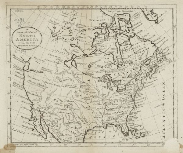 Map of North America showing cities, states, Native American land, regions, lakes, and rivers. A few notes appear throughout the map, particularly west of the Mississippi River. The north western portion of America features numerous common mythological topographical features, such as the Western Sea, the River of the West, and the Mountain of Bright Stones. These features, along with others, hint in this map at the fabled and longed for north west passage.
