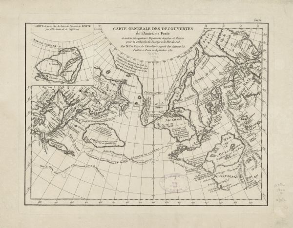 This important map highlights the frantic desire and search for the north west passage. It shows a few settlements and mountains in Russia, north west America and Canada, but it mostly displays various, and largely mythological lakes and rivers that show one direct and two other possible water routes between the Atlantic and the Pacific Ocean. The routes of various Russian explorers, such as Tchirikow, Frondat, Bering, appear accompanied by notes and dates of their discoveries.  The route and discoveries of the mythical Admiral de Fonte feature prominently as well, also accompanied by notes. An inset map entitled "Carte Dressée sur la Lettre de l'Amiral de Fonte par l'Ecrivain de la Californie" sits in the upper left corner.