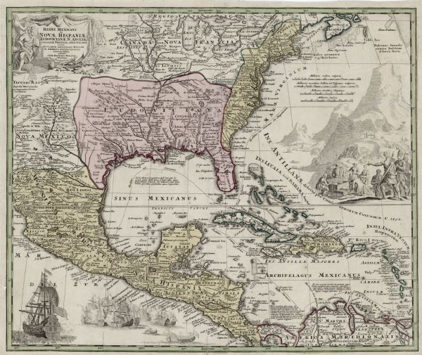Map of North America from the Great Lakes to the northern portion of South America. It shows cities, Native American land, mountains, swamps, lakes, rivers, and the boundaries between French, Spanish, and English claims. The tracks of the Spanish Galleons and routes to Havana appear in the Golf of Mexico and Atlantic Ocean. Two large illustrations adorn the oceans. In the lower left corner numerous ships fire upon each other, along with two row boats filled with soldiers. A large mountainous scene showing trade between Native Americans and Europeans covers the Atlantic ocean. The title cartouche is engraved on an illustration of a buffalo hide. A nude woman works the hide, while a man wearing a feathered headdress, draped cloth, and carrying a bow, sits in front of her. Dried fish, hides, timber, grain, and gold surround the rest of the cartouche.