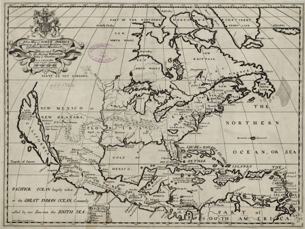 Map of North America including mountains, rivers, lakes, regions, and a few of the most important cities. A highly unusual map with interesting inaccuracies, even for its time. The Appalachian Mountains run from Lake Erie west past the Mississippi River. The Mississippi River itself is shown as draining out of present day Texas rather than Louisiana. The shape of Florida is very odd. A few notes appear on the map, with dates and explanations of various discoveries. On top of the title cartouche a unicorn and lion hold up a coat of arms. The map is dedicated to William, Duke of Glocester.