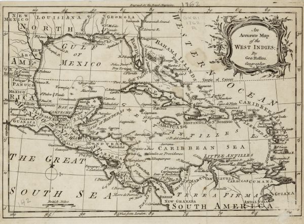 Map including the land and islands surrounding the Gulf of Mexico. The regions and islands are labeled, as are a few rivers and cities. This map was engraved for the Royal Magazine, and is accompanied by several pages of text which describes the history, land, and trade (particularly pearl fishery) of the West Indies. 