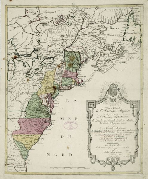 Map showing the English claims in America at the outbreak of the Revolutionary War. Lotter labels each of the thirteen colonies (both in the map and in the title), and shows cities, forts, boundaries, Native American land, rivers, lakes, and mountains. The title cartouche features a decorative frame topped with the royal arms of Great Britain. The boundaries Lotter, a leading German cartographer, prescribes to the colonies are unique (especially for Maine and Maryland), and show an odd mixture of French and British perspectives on American claims. The colonies are confined to east of the Appalachian mountains, a typical French cartographic convention, but secondary lines extend westward from Virginia, and North Carolina. 
