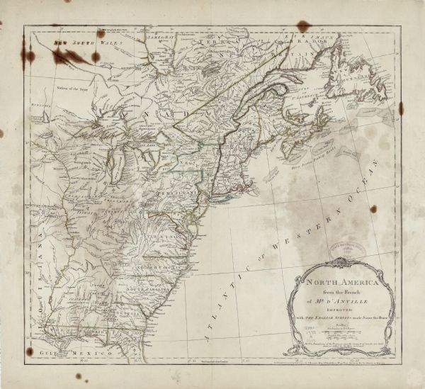 Map showing the American colonies on the eve of the Revolutionary War. Cities, boundaries, regions, forts, Native American lands, mountains, lakes, and rivers are all shown. The borders of the Pennsylvania and the southern colonies are left open in the west, suggesting their expansion beyond the Appalachian mountains to the Mississippi River. A decorative frame encloses the title cartouche.