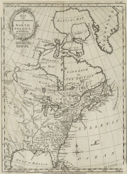 Map of North America east of Mexico showing important cities, the colonies, regions, Native American land, mountains, lakes, and rivers. A series of lakes, connected by an unnamed river, extend from Lake Superior to Lake Ouinipigon (Winnepeg) and beyond. A small note just under Lake Ouinipigon reads "River of the Assenipouels supposed to fall into the Western Ocean." An elaborate floral frame encloses the title cartouche.