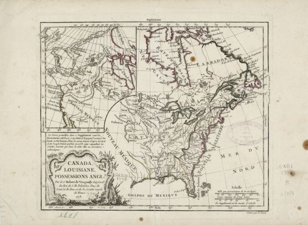 Map of European claims in North America, with France shown as having claim to the most land, and the British colonies confined to east of the Appalacian Mountains. Regions, Native American land, forts, lakes, and rivers are all marked, along with a few settlements and cities. A large inset map in the upper left corner shows the Northwest Passage discovered by the fictional Admiral de Fonte according to Joseph de'Lisle. A forest scene, foliage, and what appears to be a waterfall decorate the title cartouche.