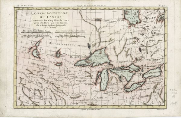 Map of North America from Lake Ontario through the Great Plains, and James Bay to Illinois. It shows rivers, lakes, and mountains in great detail, and labels numerous Native American lands, forts, islands, and missions. The Mississippi River is shown extending far to the west, with a note stating that the source of the river remains unknown. 