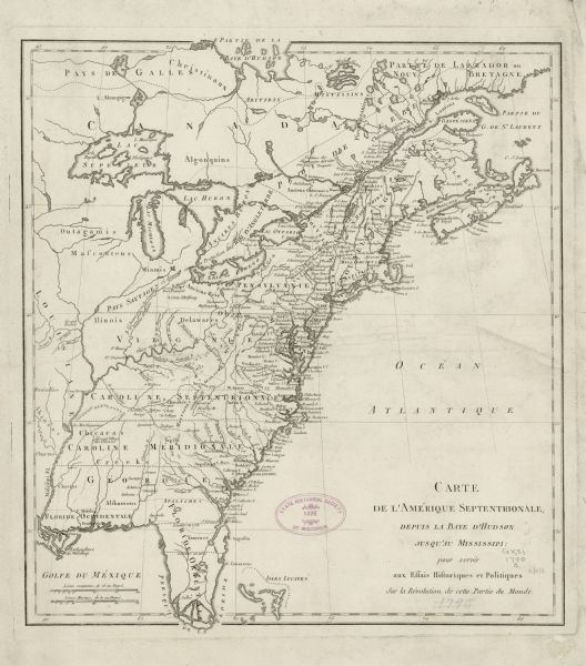 Map of America east of the Mississippi River. It shows regions, state boundaries extending to the Mississippi River, cities, forts, Native American lands, mountains, rivers, and lakes. The occasional note appears throughout the map, but the map predominately features double or single lines that could be roads, routes, or the movement of armies with no explanation on the map itself what they represent. The double lines connect various cities, mostly along the coast. The  single lines weave throughout the Ohio territory, branching off in several directions.