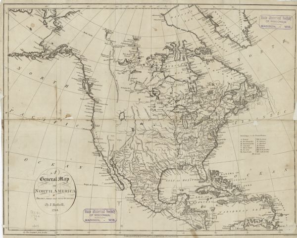 Map of North America showing cities, trading houses, Native American land, settlements, missions, mountains, lakes, and rivers, all in great detail. The map shows the boundaries of fifteen states in the United States of America. The western coast includes numerous place names, but much of the interior is left blank, save for a few interesting speculative features, such as the "Mountains with Bright Stones" and  a large, unnamed lake near present day Utah. A few annotations appear throughout the map.  
